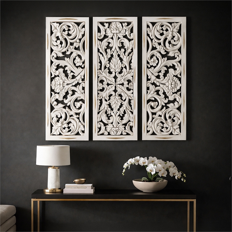 Benzara Moroccan Floral Wall Wood Decor in Antique White Finish (3 Piece)