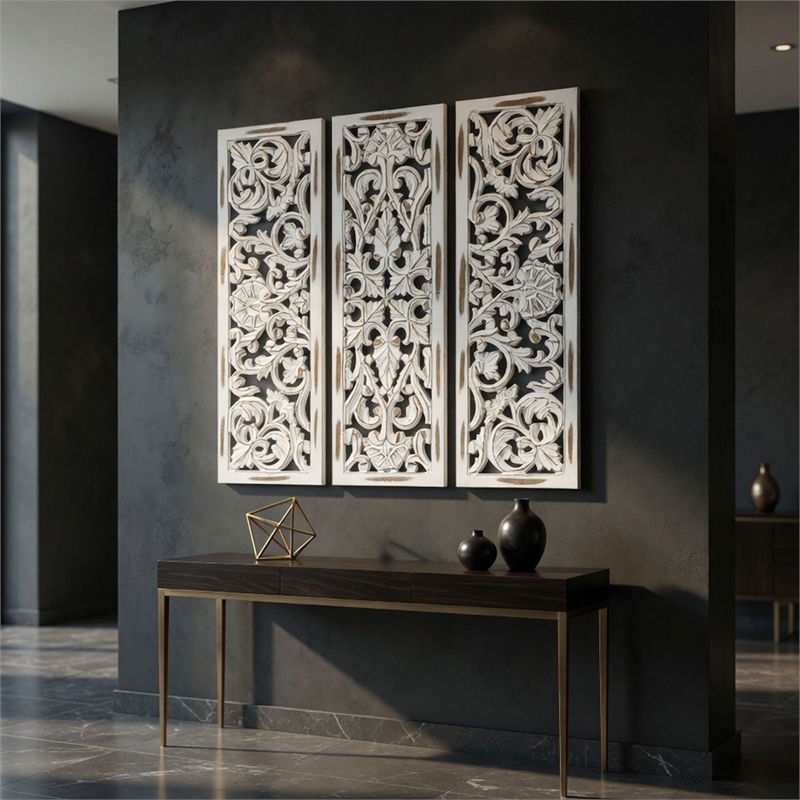 Benzara Moroccan Floral Wall Wood Decor in Antique White Finish (3 Piece)