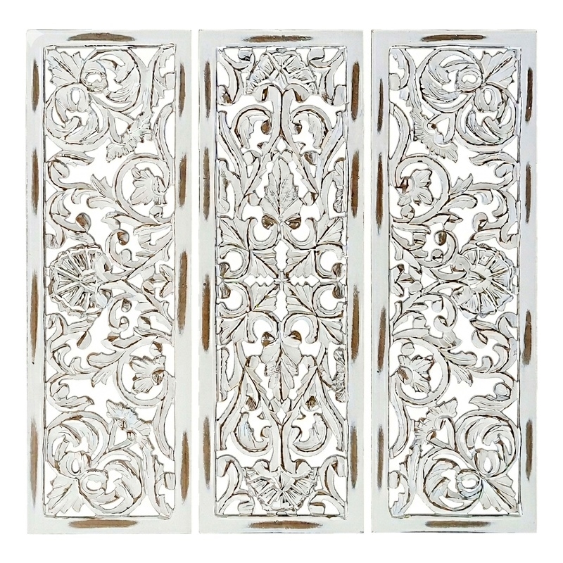 Benzara Moroccan Floral Wall Wood Decor in Antique White Finish (3 Piece)