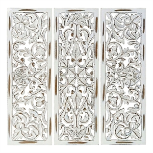 Benzara Moroccan Floral Wall Wood Decor in Antique White Finish (3 Piece)