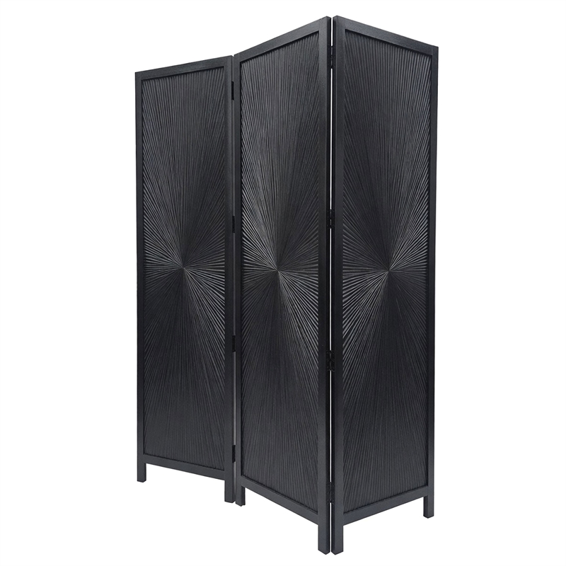 Benzara Cava 3 Panel Folding Mango Wood Divider with Sunburst in Black