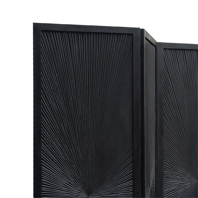 Benzara Cava 3 Panel Folding Mango Wood Divider with Sunburst in Black
