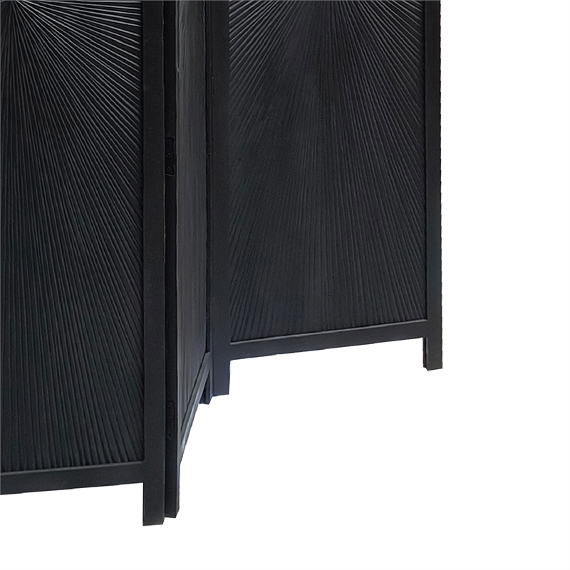 Benzara Cava 3 Panel Folding Mango Wood Divider with Sunburst in Black