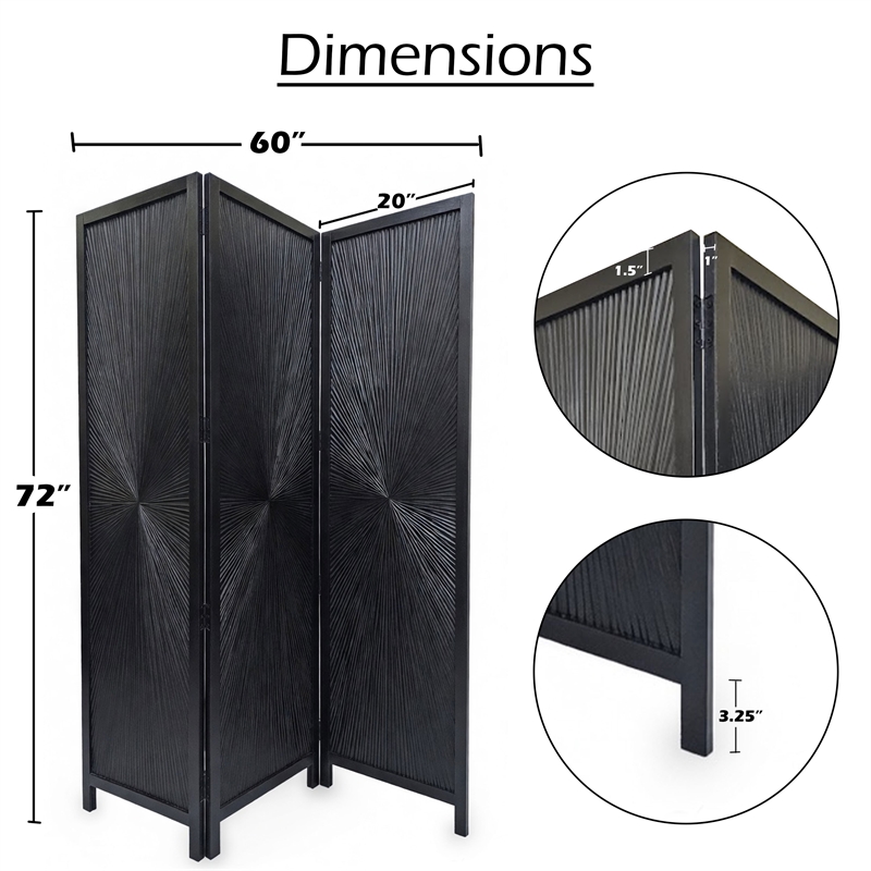 Benzara Cava 3 Panel Folding Mango Wood Divider with Sunburst in Black