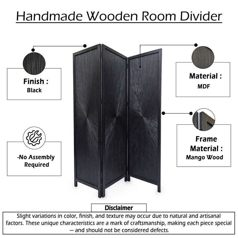 Benzara Cava 3 Panel Folding Mango Wood Divider with Sunburst in Black