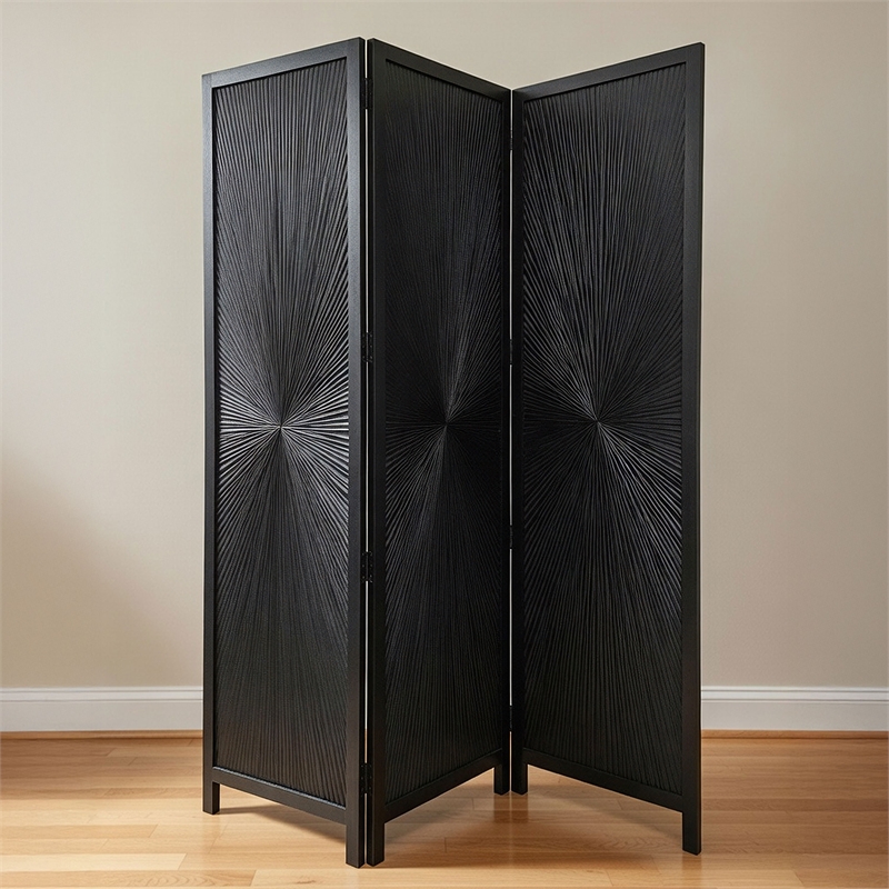 Benzara Cava 3 Panel Folding Mango Wood Divider with Sunburst in Black