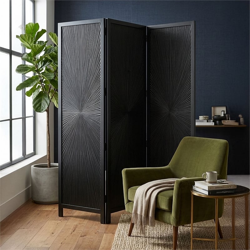 Benzara Cava 3 Panel Folding Mango Wood Divider with Sunburst in Black