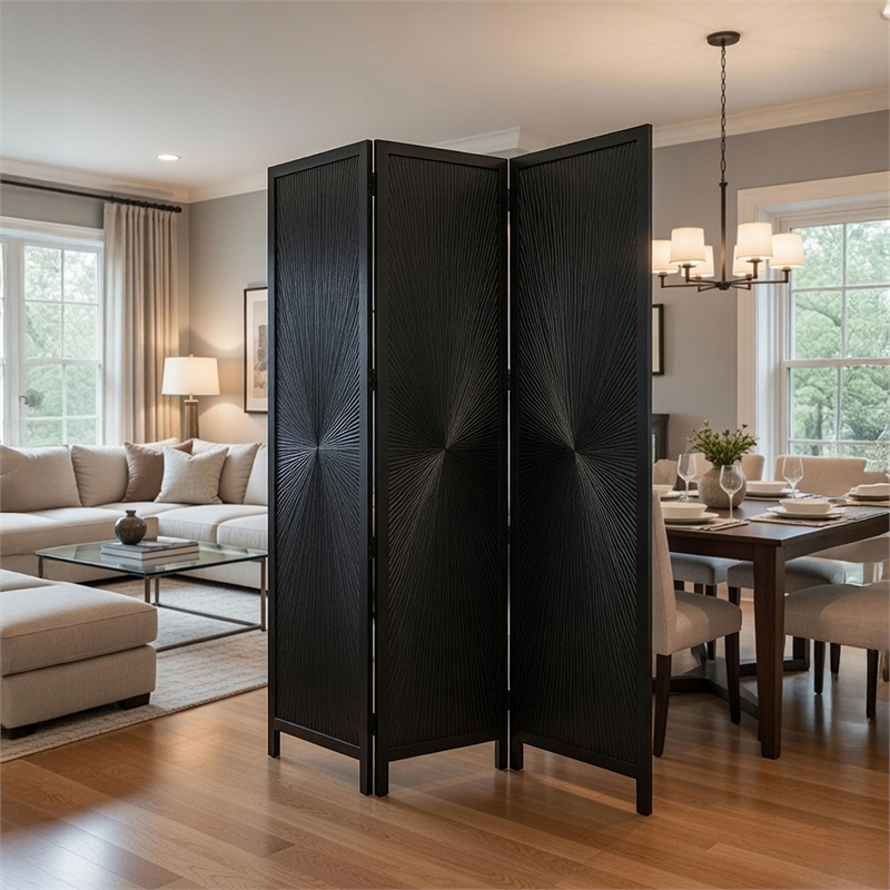 Benzara Cava 3 Panel Folding Mango Wood Divider with Sunburst in Black