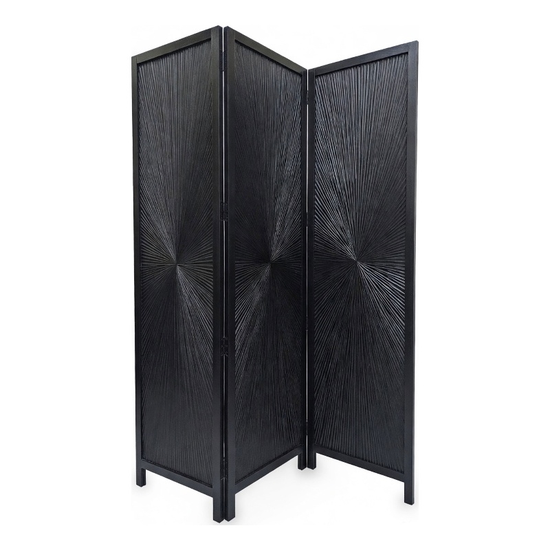 Benzara Cava 3 Panel Folding Mango Wood Divider with Sunburst in Black