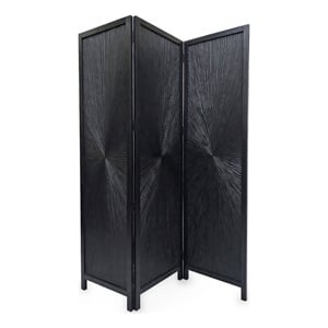 Benzara Cava 3 Panel Folding Mango Wood Divider with Sunburst in Black