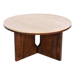 Benzara 29&quot Round Botticino Marble Top Coffee Table in Brown Wood