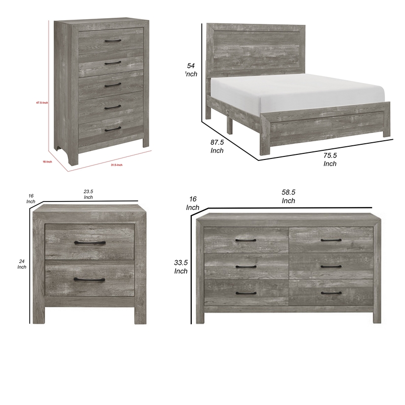 King Bedroom Set- Gray- 5 Piece Set with 2 Nightstands- Dresser- and Chest