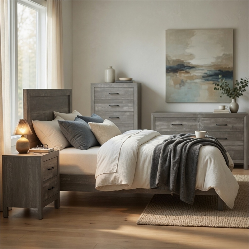 King Bedroom Set- Gray- 5 Piece Set with 2 Nightstands- Dresser- and Chest