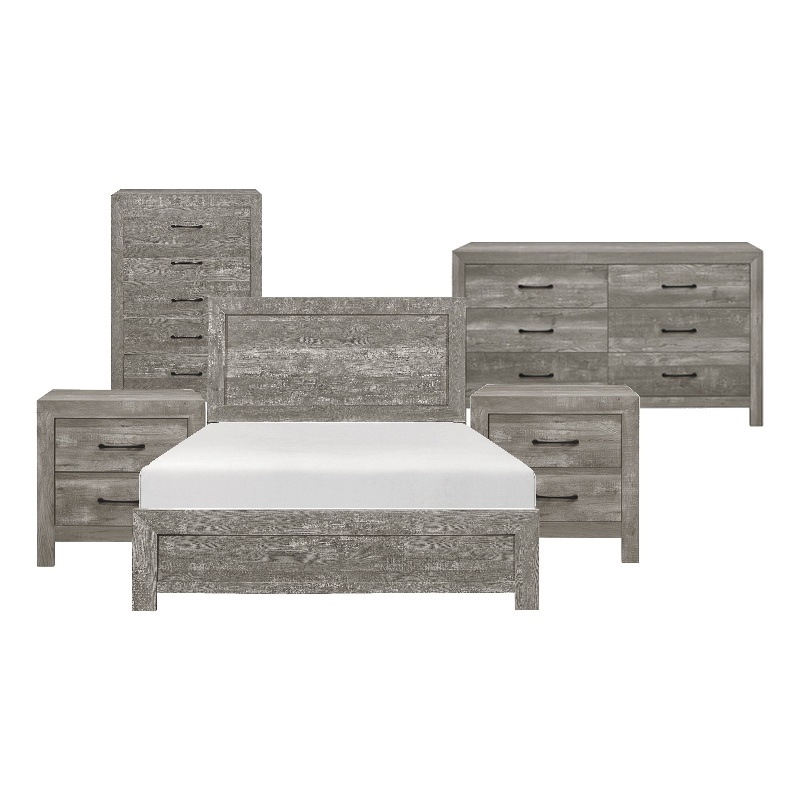 King Bedroom Set- Gray- 5 Piece Set with 2 Nightstands- Dresser- and Chest
