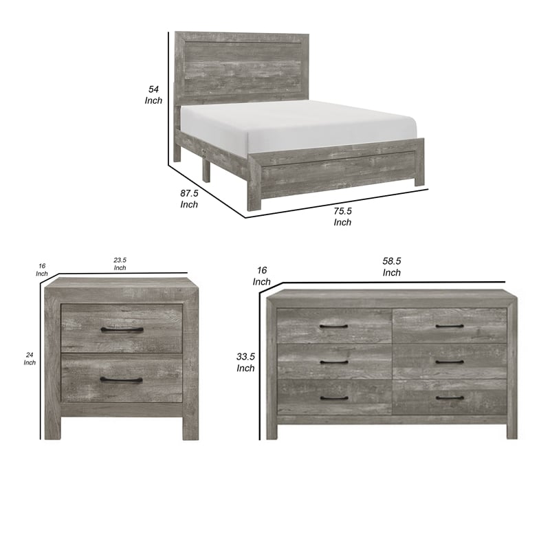 King Bedroom Set- Gray- 4 Piece Set with 2 Nightstands and Dresser