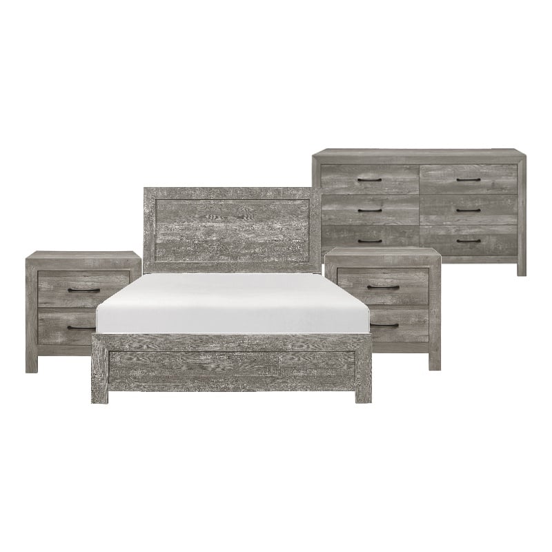 King Bedroom Set- Gray- 4 Piece Set with 2 Nightstands and Dresser