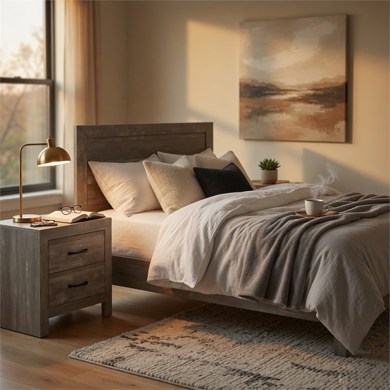 King Bedroom Set- Gray- 3 Piece Set with 2 Nightstands