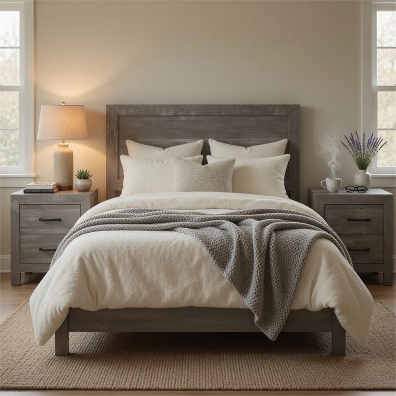 King Bedroom Set- Gray- 3 Piece Set with 2 Nightstands
