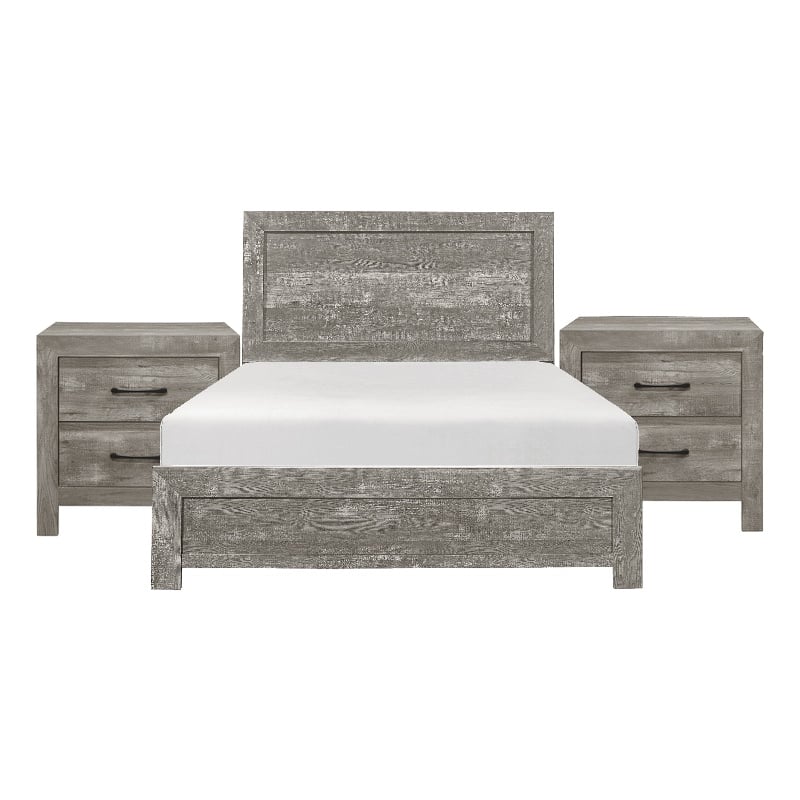 King Bedroom Set- Gray- 3 Piece Set with 2 Nightstands