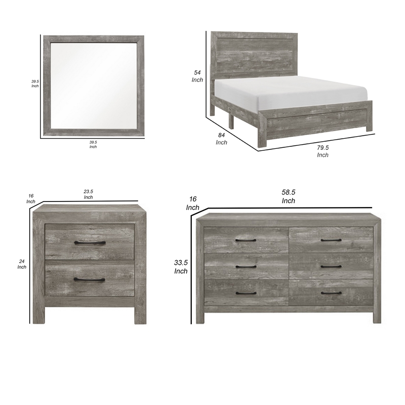King Bedroom Set- Gray- 5 Piece Set with 2 Nightstands- Dresser- and Mirror