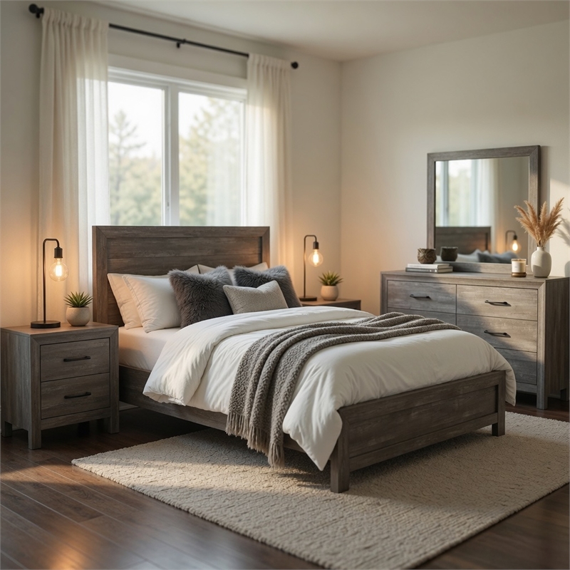 King Bedroom Set- Gray- 5 Piece Set with 2 Nightstands- Dresser- and Mirror