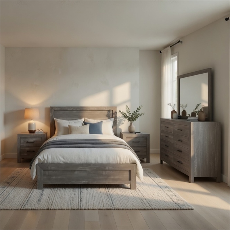 King Bedroom Set- Gray- 5 Piece Set with 2 Nightstands- Dresser- and Mirror