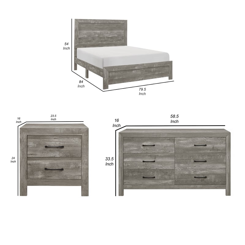 King Bedroom Set-Gray- 4 Piece Set with 2 Nightstands and Dresser