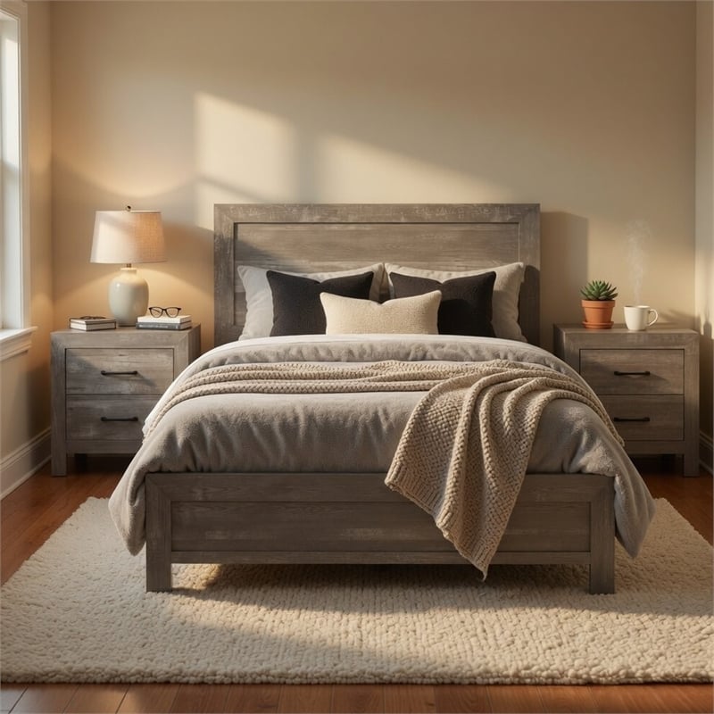 King Bedroom Set- Farmhouse Style- Gray- 3 Piece Set with 2 Nightstands