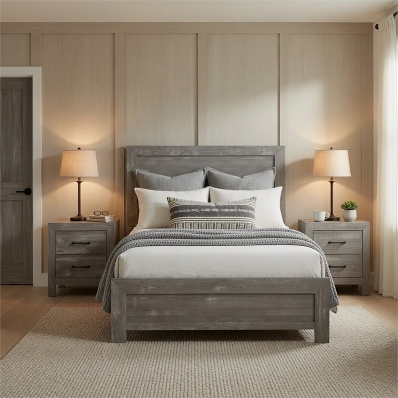 King Bedroom Set- Farmhouse Style- Gray- 3 Piece Set with 2 Nightstands