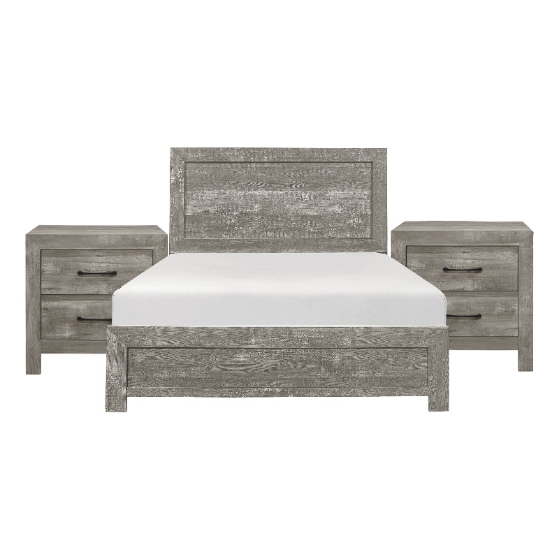King Bedroom Set- Farmhouse Style- Gray- 3 Piece Set with 2 Nightstands