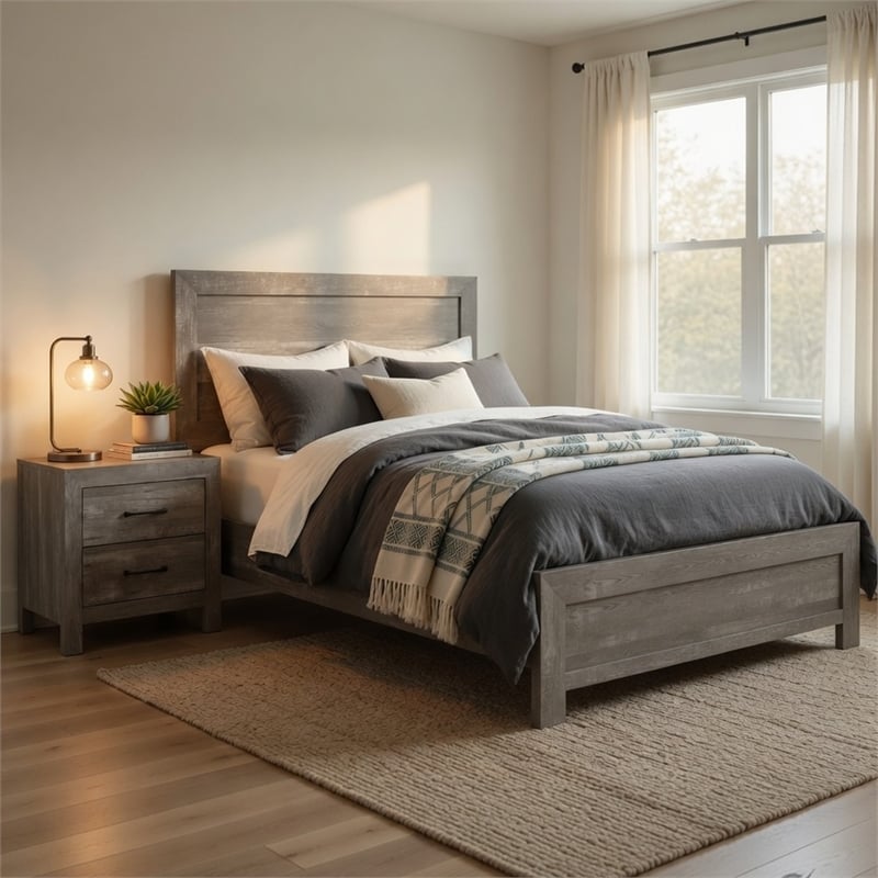 King Bedroom Set- Farmhouse Style- Gray- 2 Piece Set with Nightstand