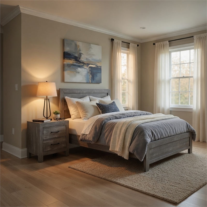 King Bedroom Set- Farmhouse Style- Gray- 2 Piece Set with Nightstand
