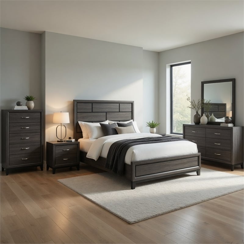 Queen Bedroom Set- 5 Piece Set with 2 Nightstands- Dresser- and Chest