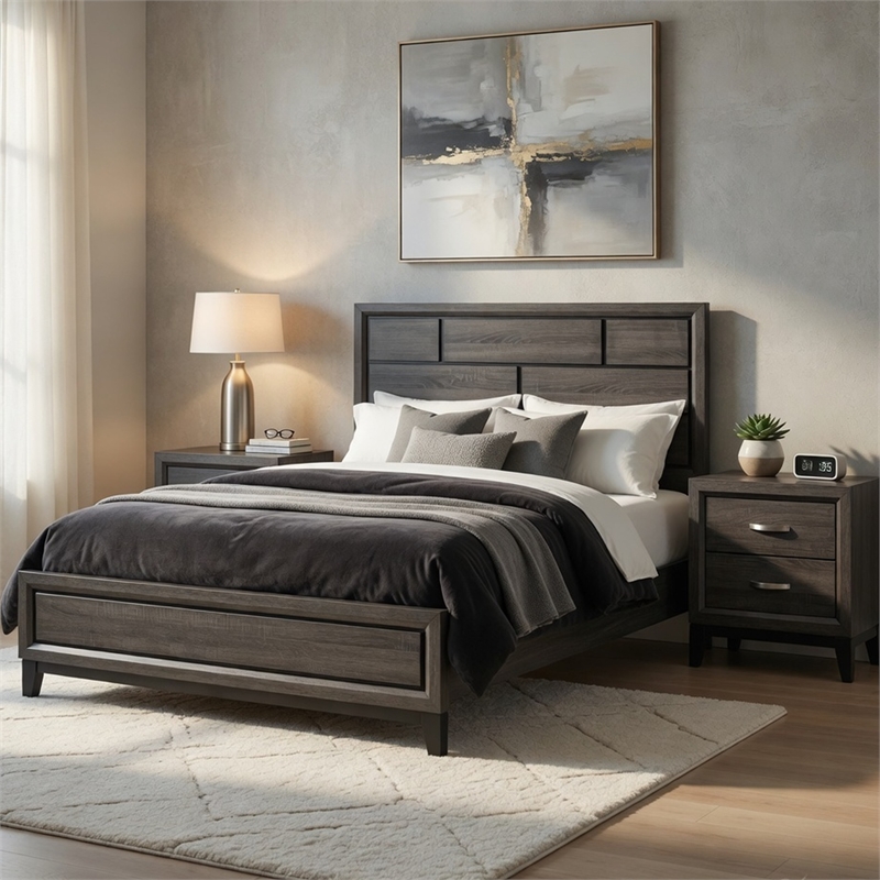 Queen Bedroom Set- Drawer Storage- Gray- 3 Piece Set with 2 Nightstands