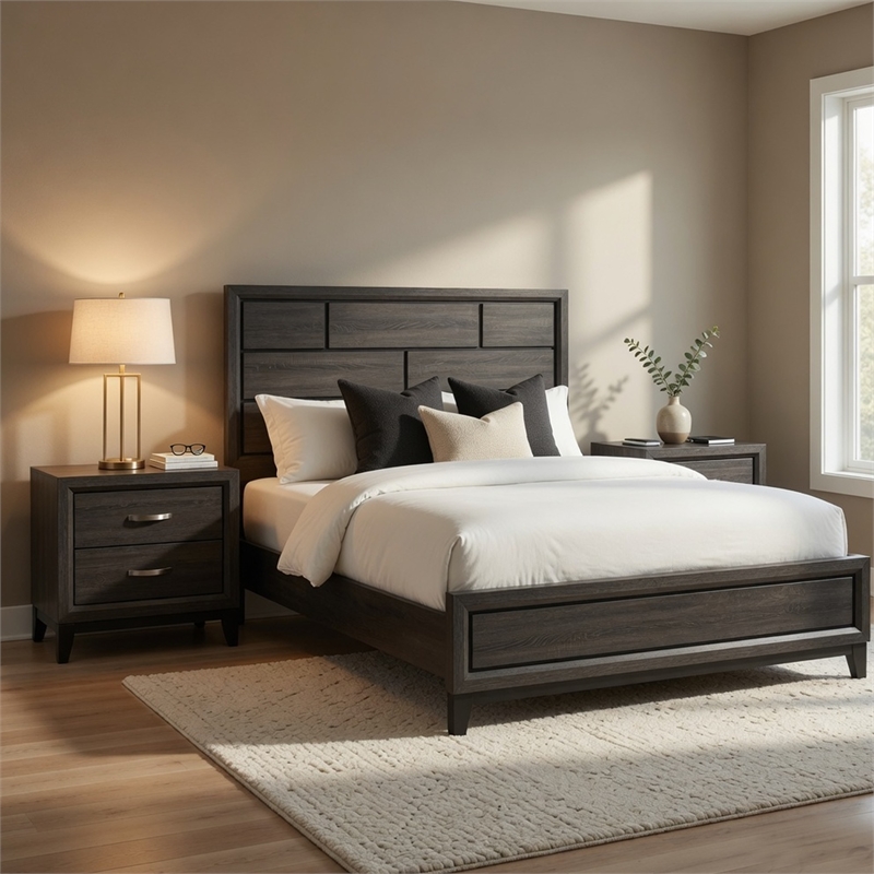 Queen Bedroom Set- Drawer Storage- Gray- 3 Piece Set with 2 Nightstands