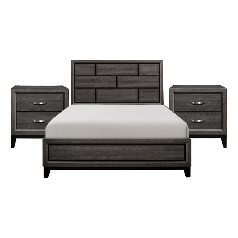Queen Bedroom Set- Drawer Storage- Gray- 3 Piece Set with 2 Nightstands
