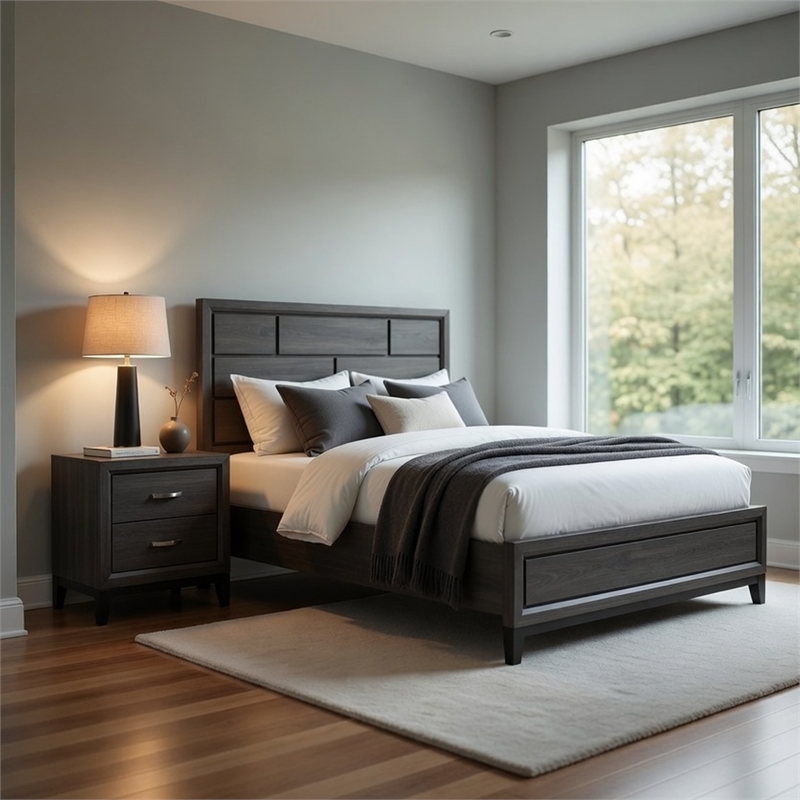 Queen Bedroom Set- Drawer Storage- Gray- 2 Piece Set with Nightstand