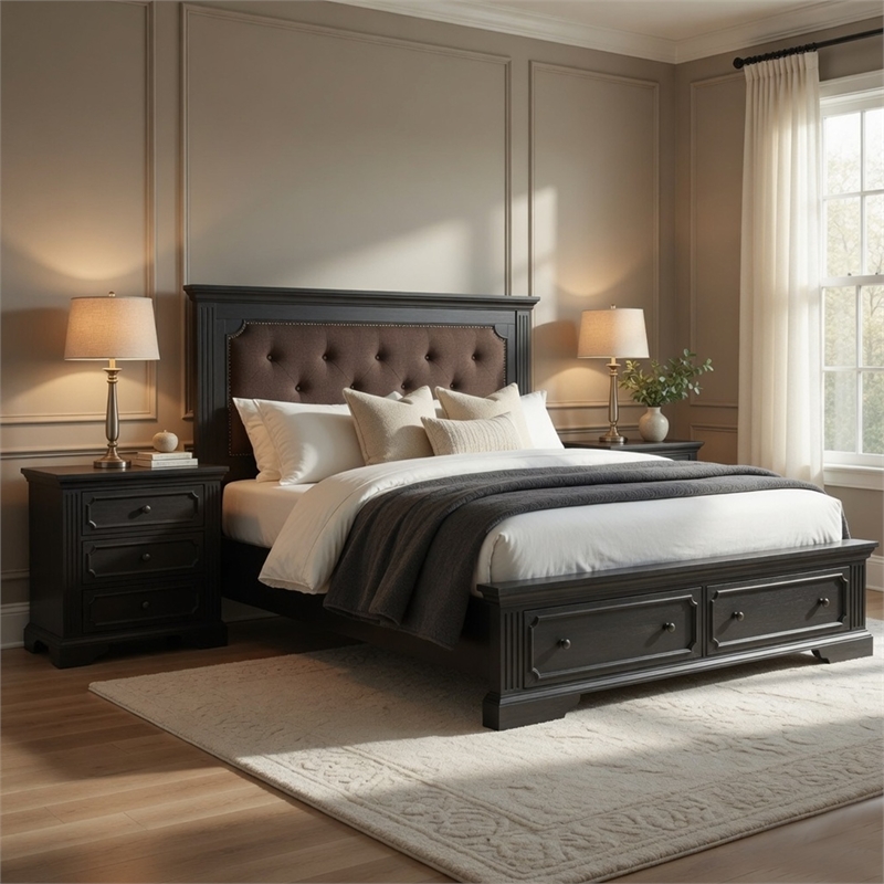 Queen Bedroom Set- Drawer Storage- Gray- 3 Piece Set with 2 Nightstands