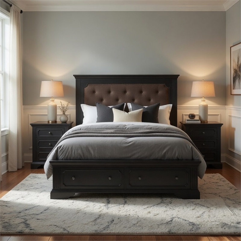 Queen Bedroom Set- Drawer Storage- Gray- 3 Piece Set with 2 Nightstands