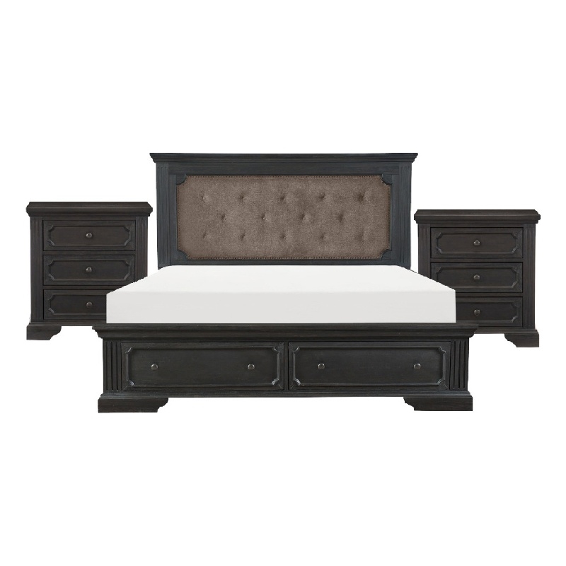 Queen Bedroom Set- Drawer Storage- Gray- 3 Piece Set with 2 Nightstands