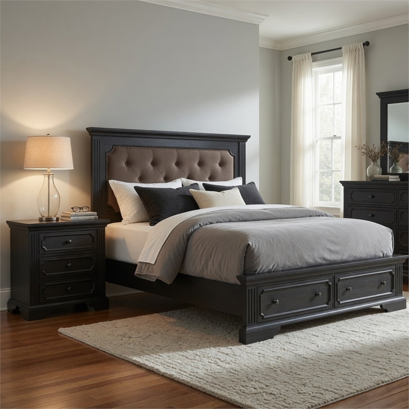 Queen Bedroom Set- Drawer Storage- Gray- 2 Piece Set with Nightstand