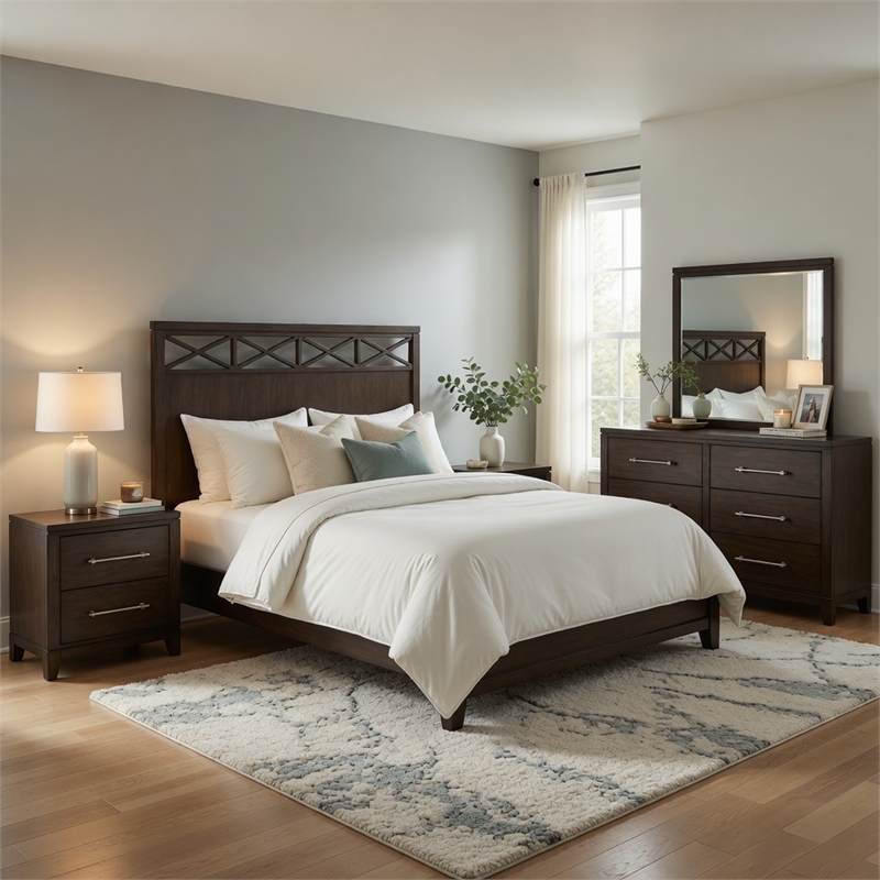 Queen Bedroom Set-Silver- 5 Piece Set w 2 Nightstands- Dresser- and Mirror