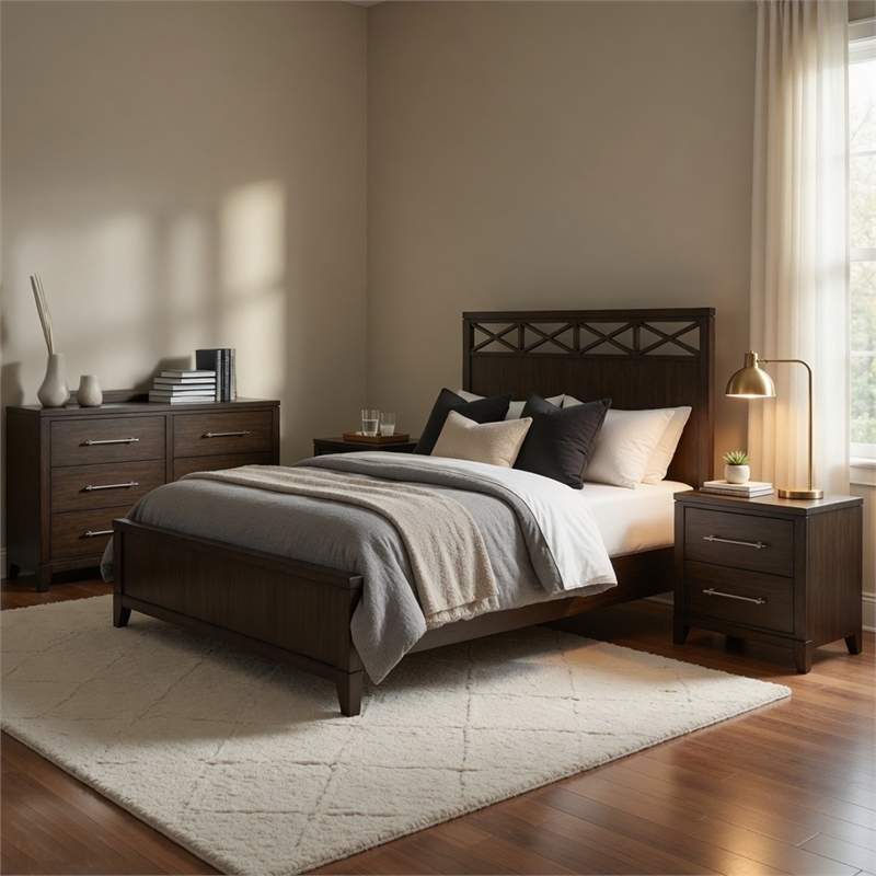 Queen Bedroom Set-Brown- 4 Piece Set w 2 Nightstands and Dresser