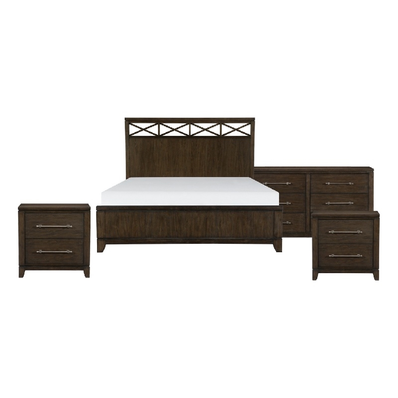 Queen Bedroom Set-Brown- 4 Piece Set w 2 Nightstands and Dresser