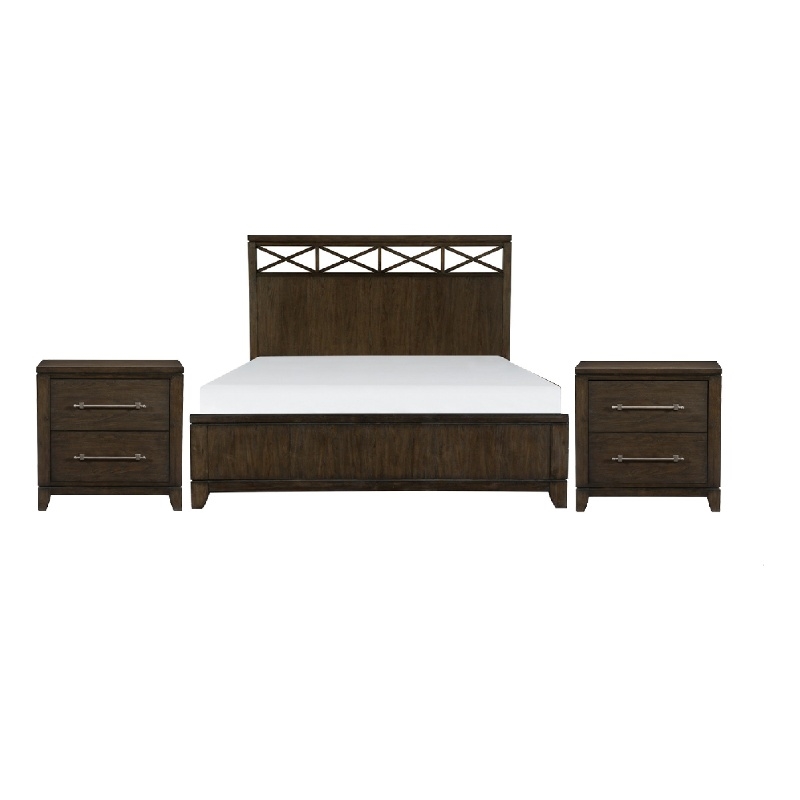 Queen Bedroom Set- Drawer Storage- Brown- 3 Piece Set with 2 Nightstands