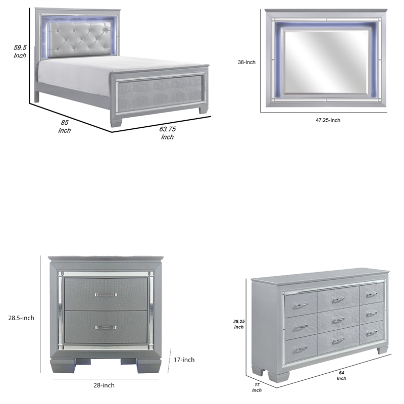Queen Bedroom Set-Gray- 5 Piece Set with 2 Nightstands- Dresser- and Mirror