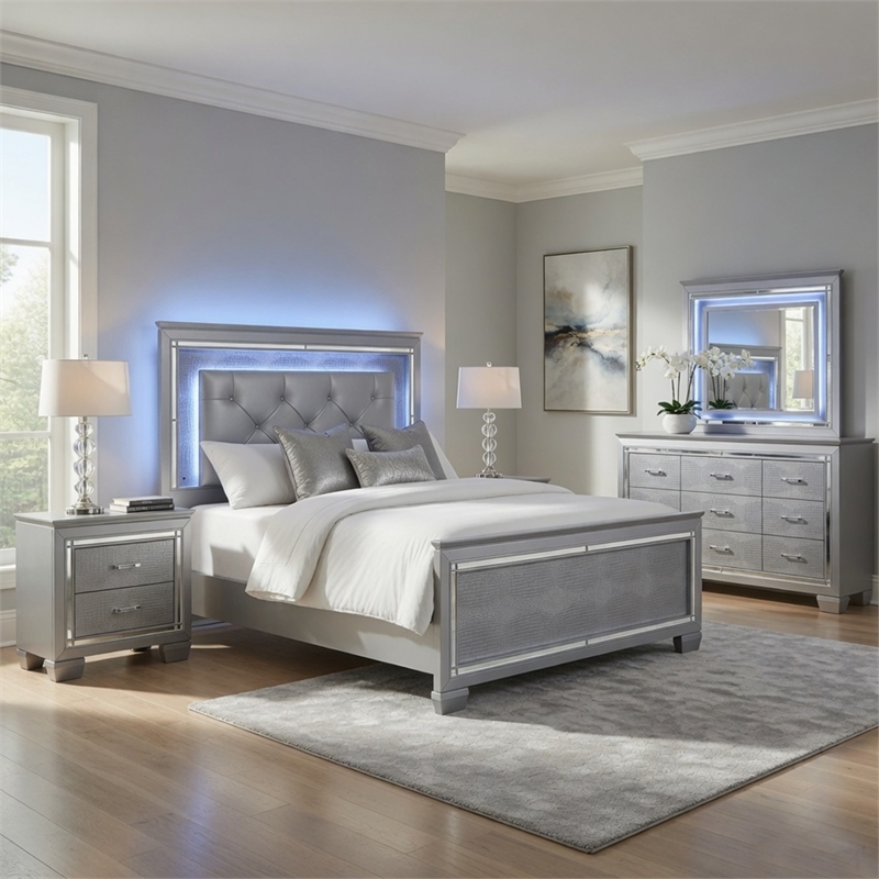 Queen Bedroom Set-Gray- 5 Piece Set with 2 Nightstands- Dresser- and Mirror