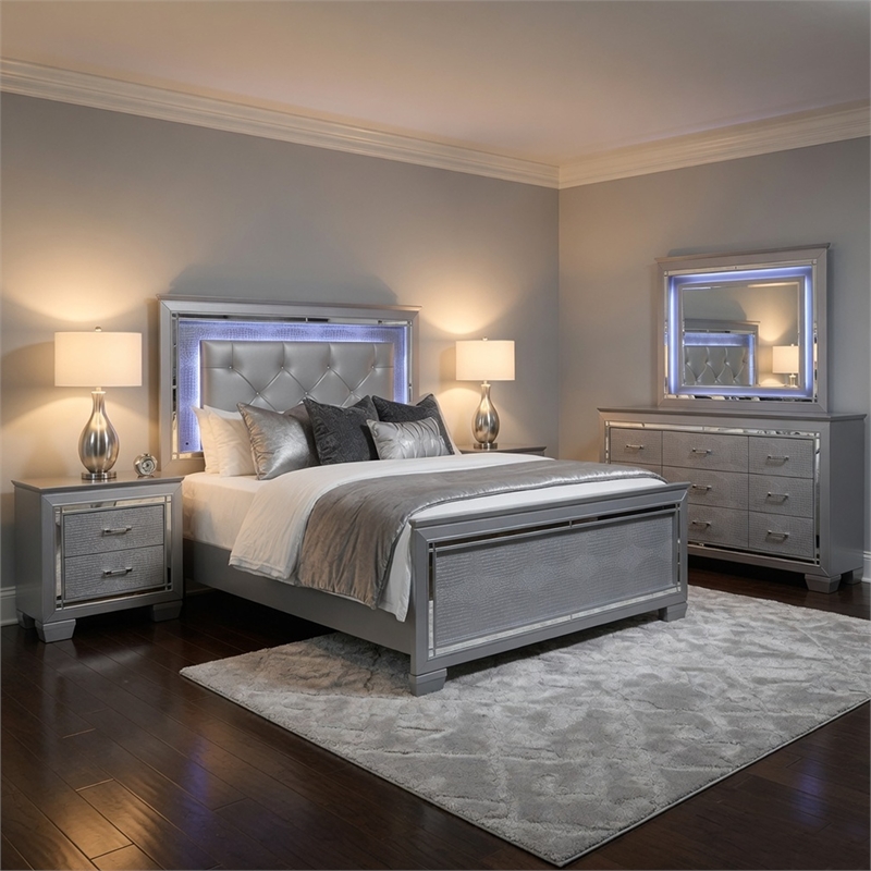 Queen Bedroom Set-Gray- 5 Piece Set with 2 Nightstands- Dresser- and Mirror