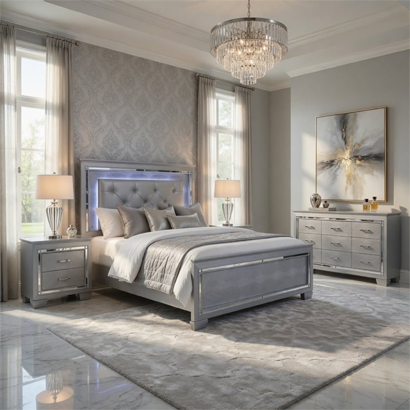 Queen Bedroom Set-Gray- 4 Piece Set with 2 Nightstands and Dresser