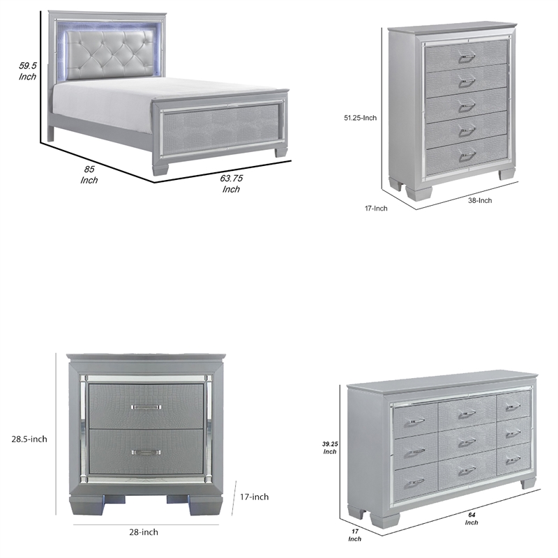 Queen Bedroom Set- Gray- 5 Piece Set with 2 Nightstands- Dresser- and Chest